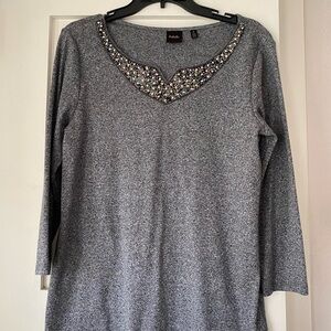 Rafaella Gray Long Sleeve Tee with Embellished Neckline